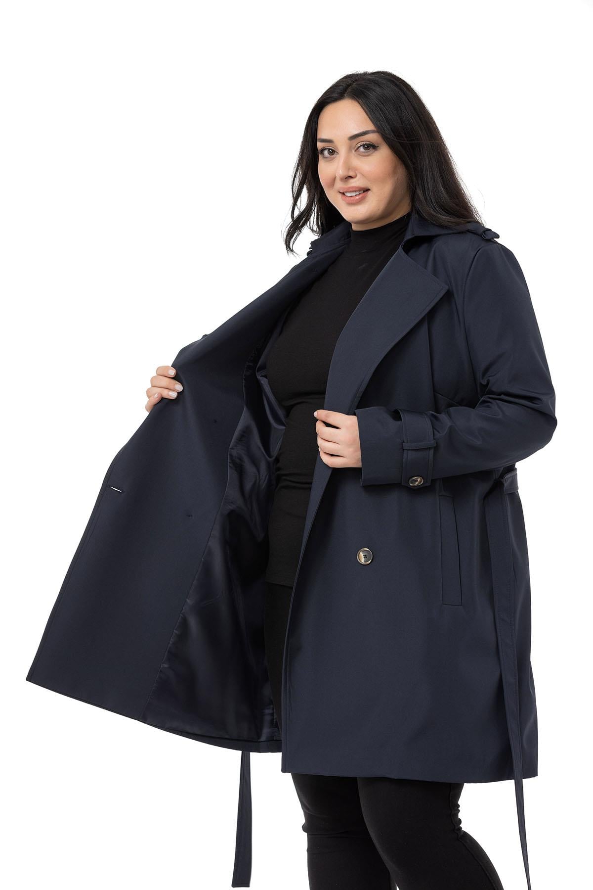 Plus Size Double Breasted Belted Lined Navy Blue Trench Coat