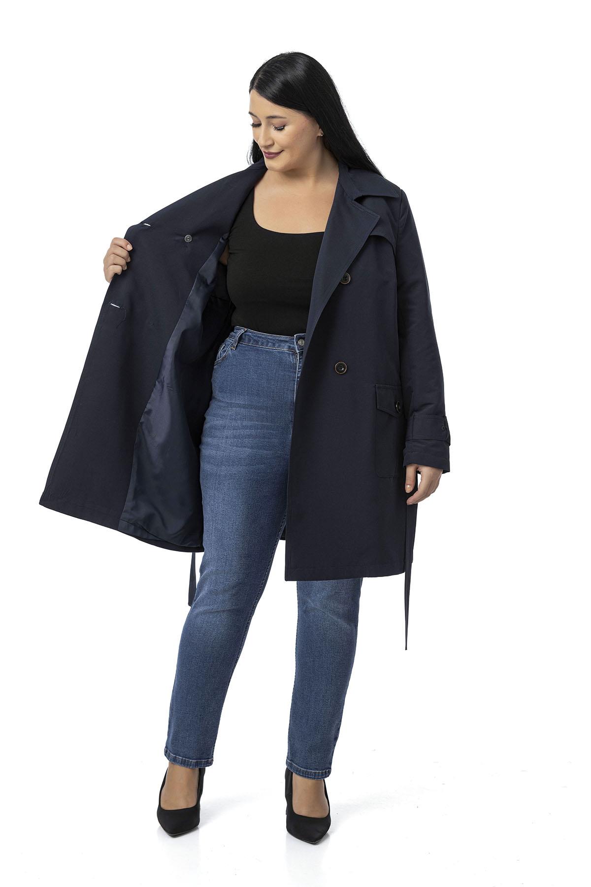 Plus Size Navy Blue Trench Coat with Sleeve Tapes