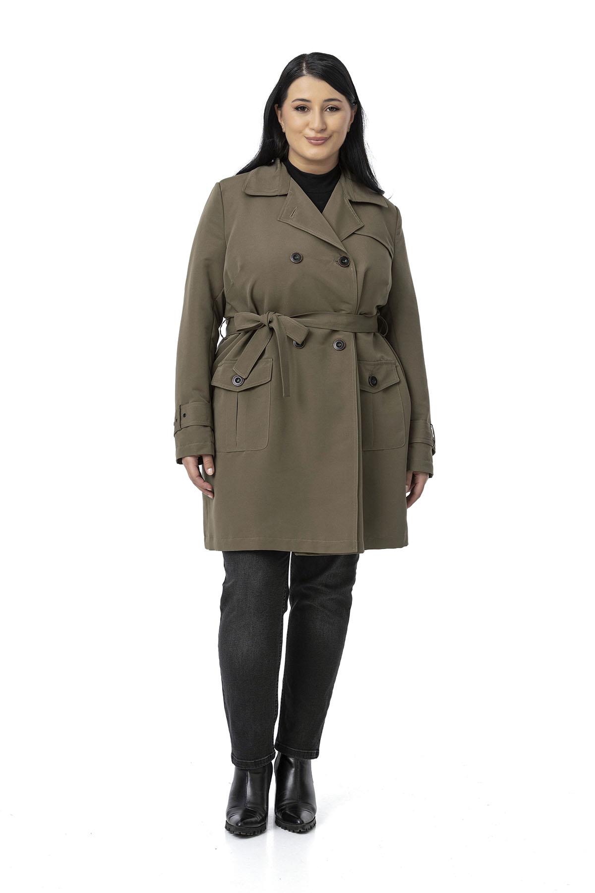 Plus Size Khaki Trench Coat with Sleeve Tapes