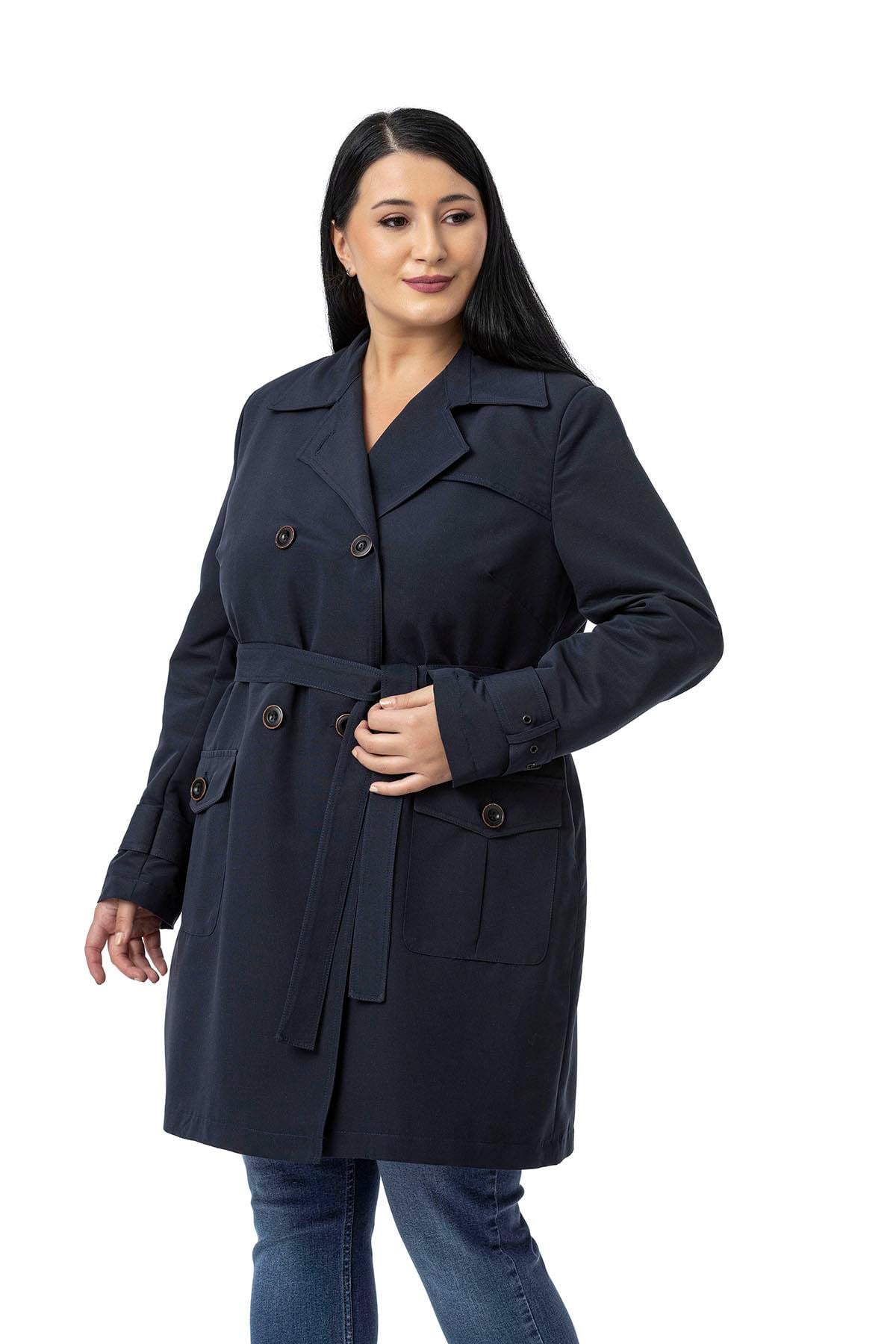 Plus Size Navy Blue Trench Coat with Sleeve Tapes