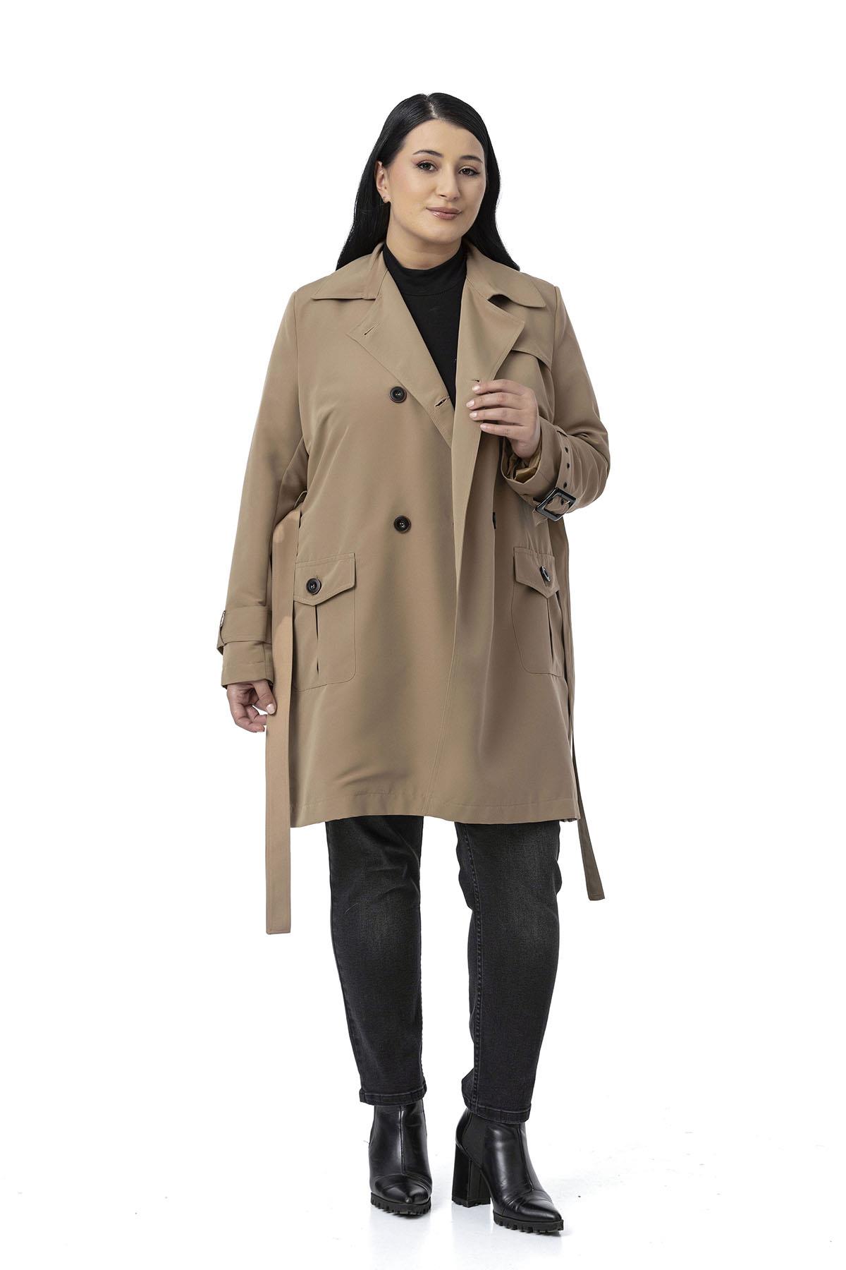 Plus Size Mink Trench Coat with Sleeve Tapes