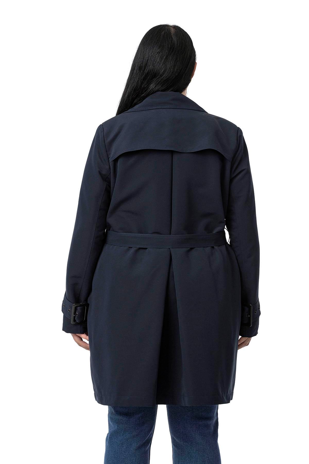 Plus Size Navy Blue Trench Coat with Sleeve Tapes