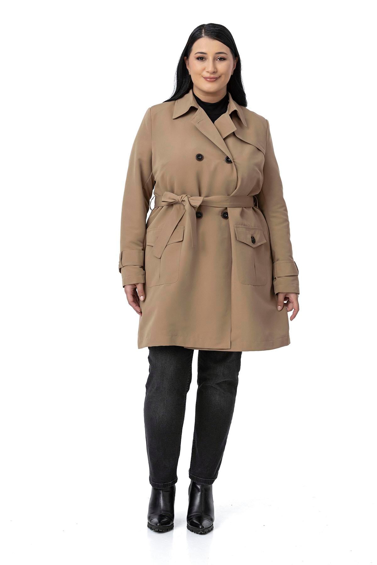 Plus Size Mink Trench Coat with Sleeve Tapes