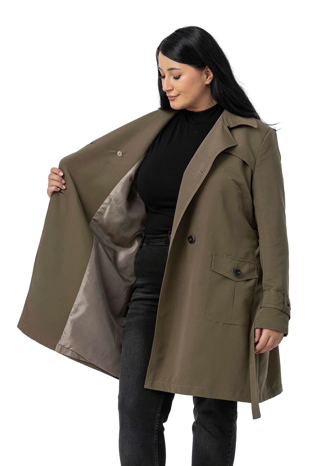 Plus Size Khaki Trench Coat with Sleeve Tapes
