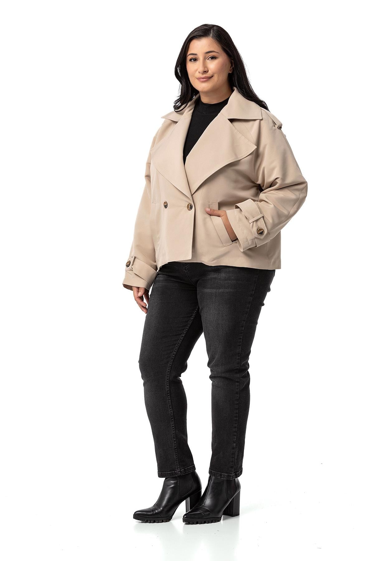 Plus Size Mono Collar Oversize Beige Short Trench Coat