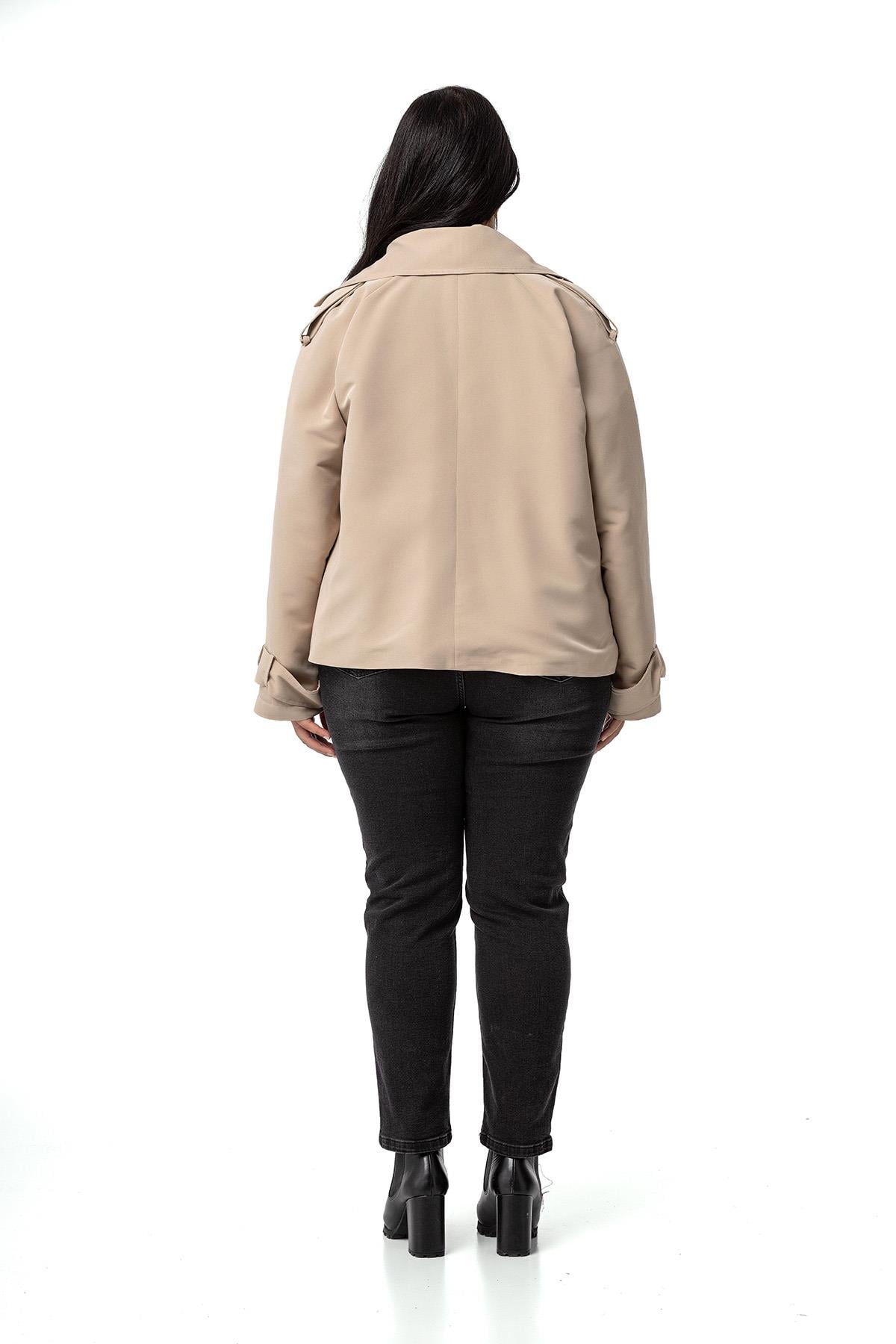 Plus Size Mono Collar Oversize Beige Short Trench Coat