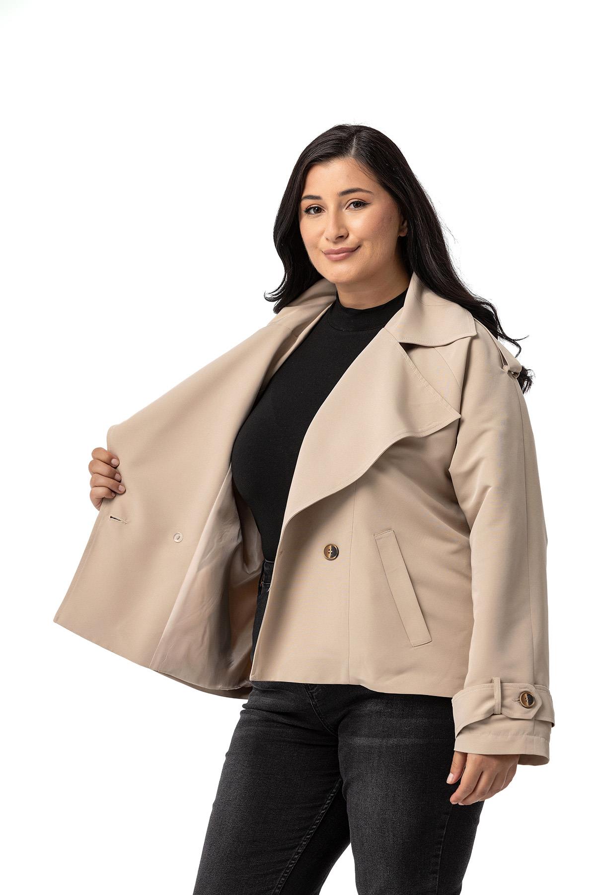 Plus Size Mono Collar Oversize Beige Short Trench Coat