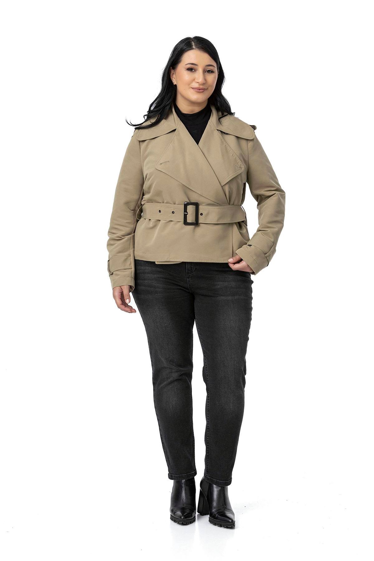 Plus Size Mono Collar Shamlock Trench Coat with Belt