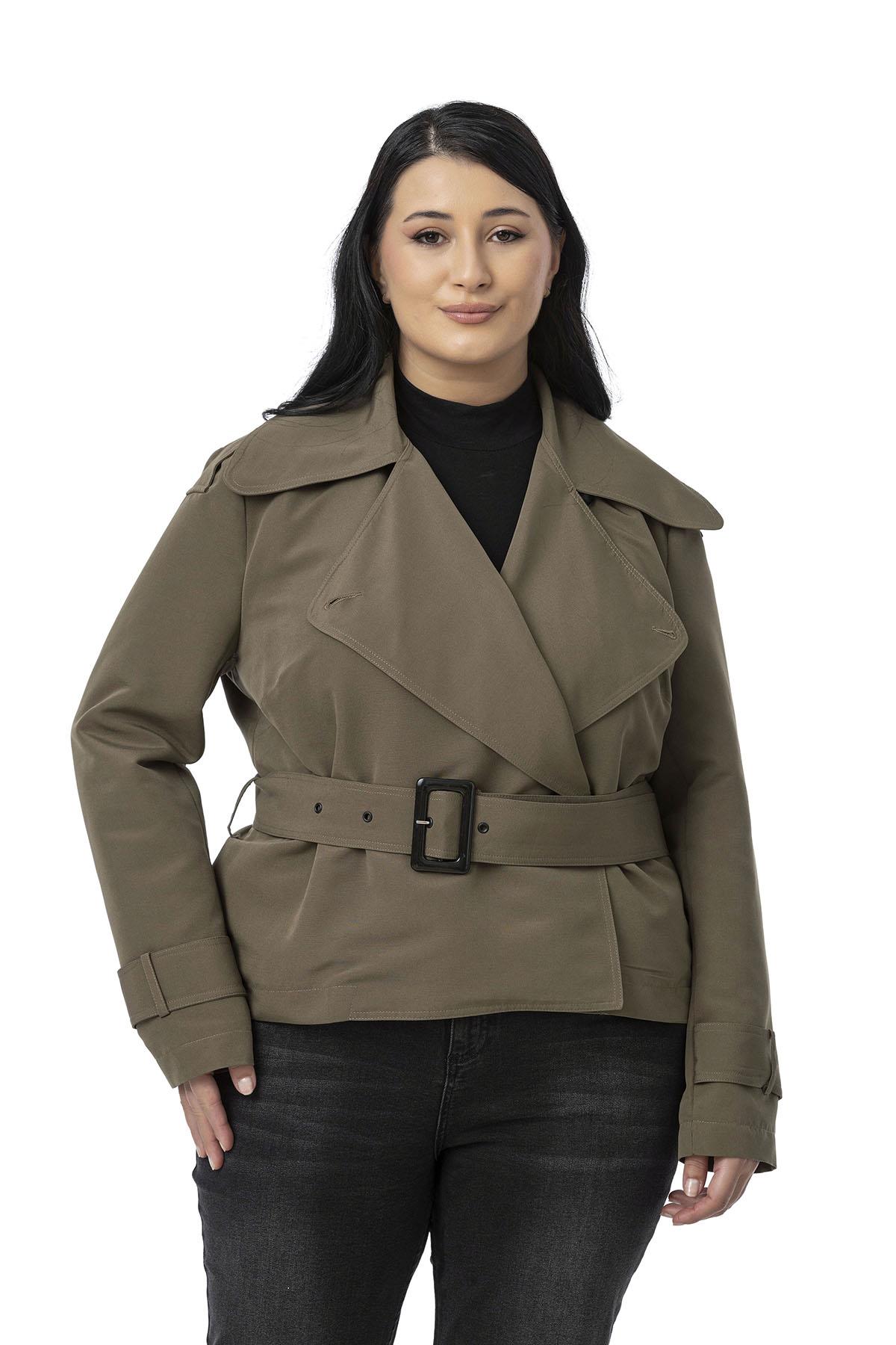 Plus Size Mono Collar Khaki Trench Coat with Belt