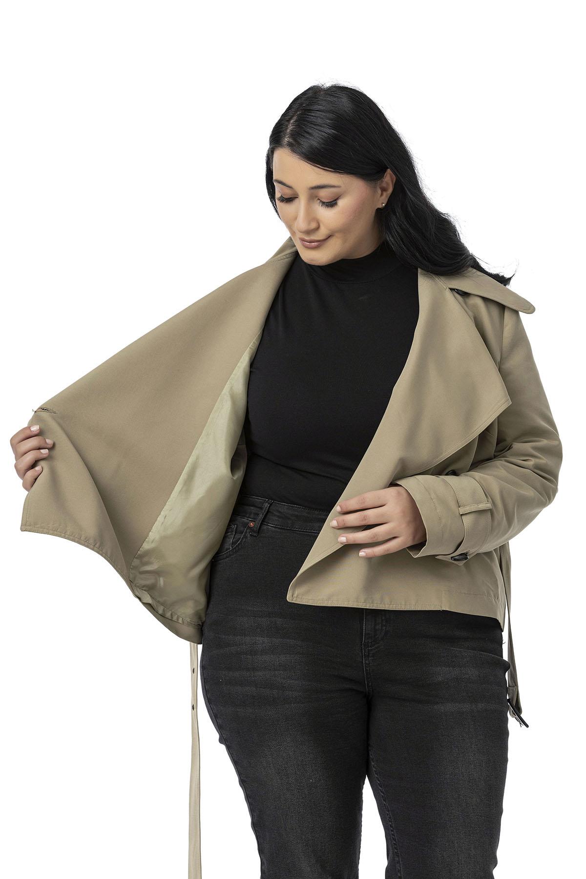 Plus Size Mono Collar Shamlock Trench Coat with Belt