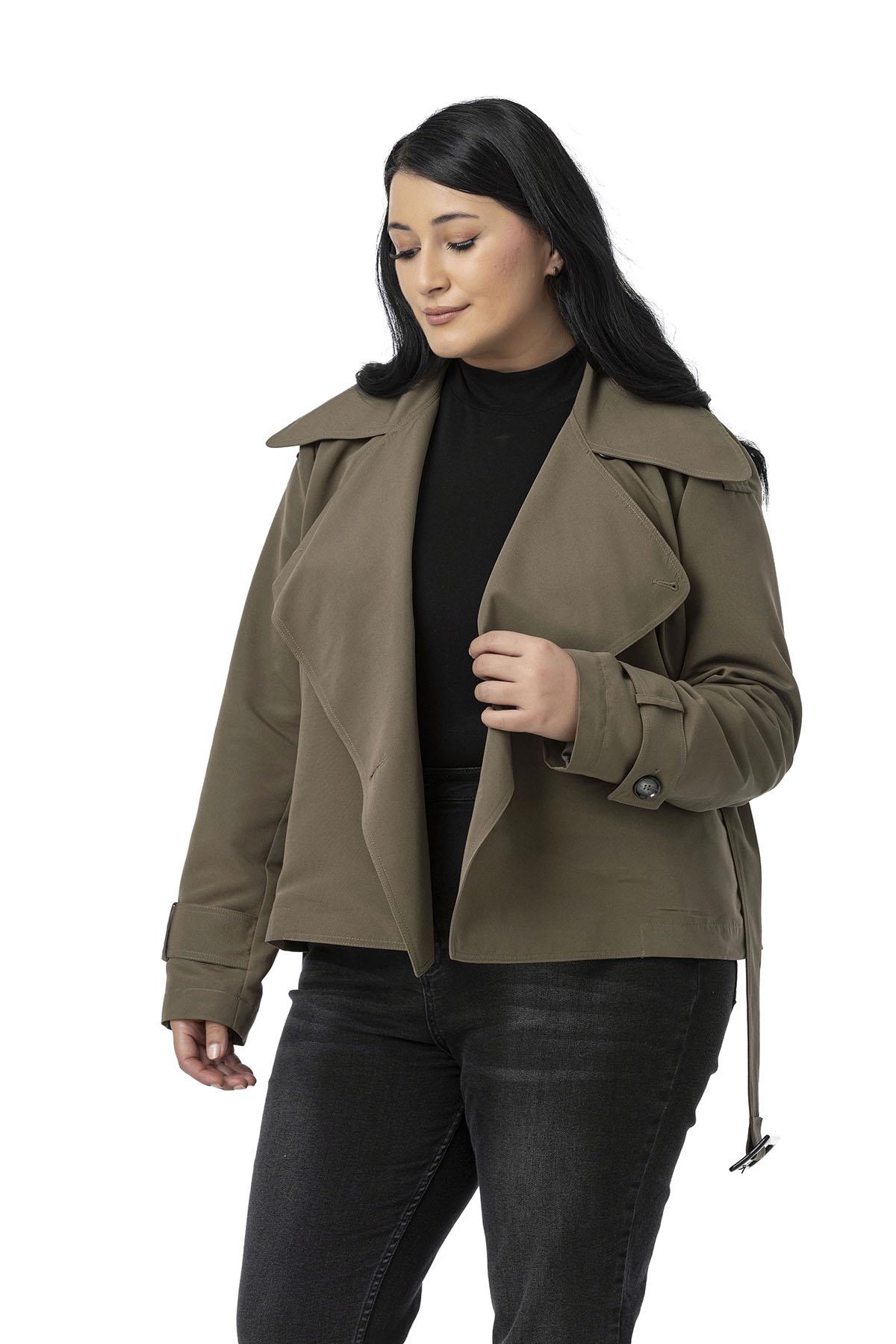 Plus Size Mono Collar Khaki Trench Coat with Belt