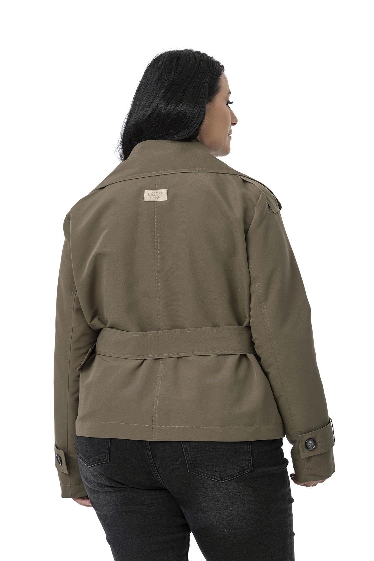 Plus Size Mono Collar Khaki Trench Coat with Belt