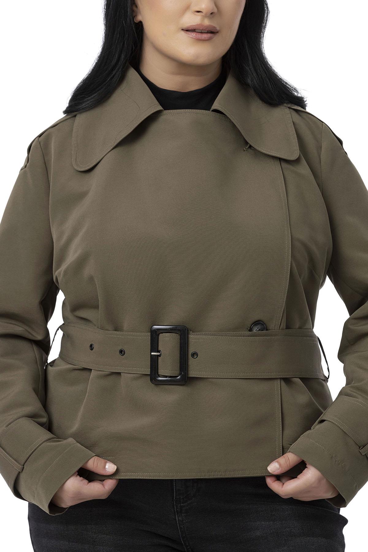 Plus Size Mono Collar Khaki Trench Coat with Belt