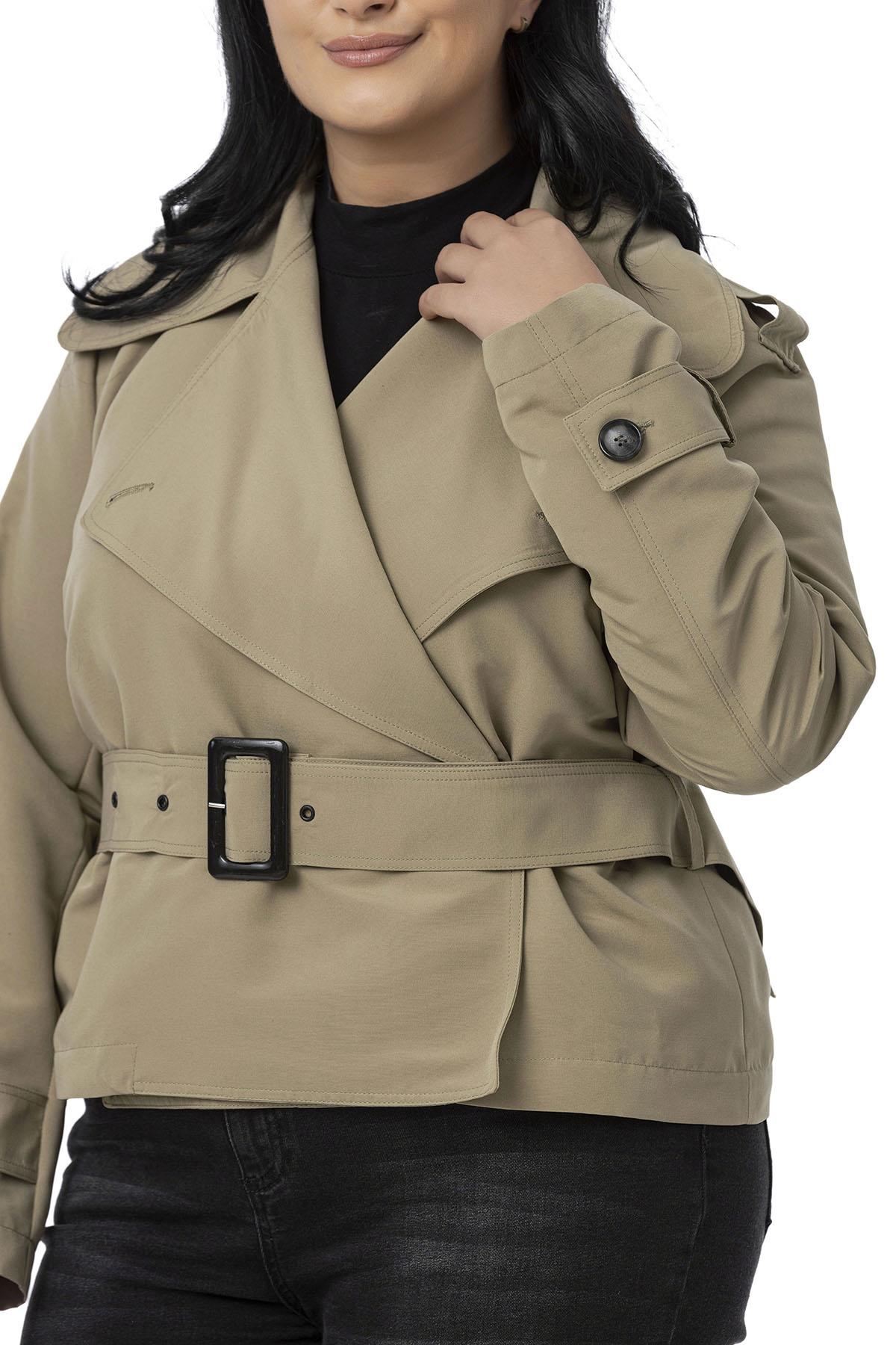 Plus Size Mono Collar Shamlock Trench Coat with Belt