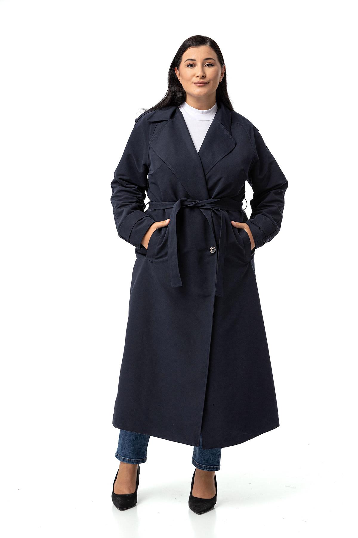 Plus Size Double Breasted Long Navy Blue Trench Coat