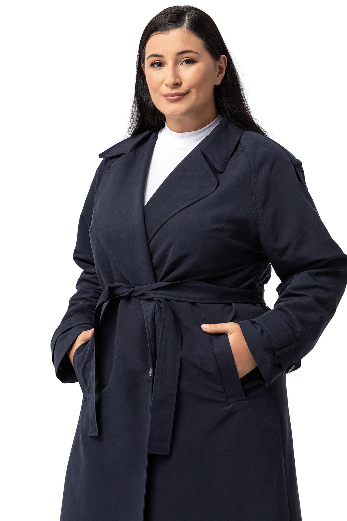 Plus Size Double Breasted Long Navy Blue Trench Coat