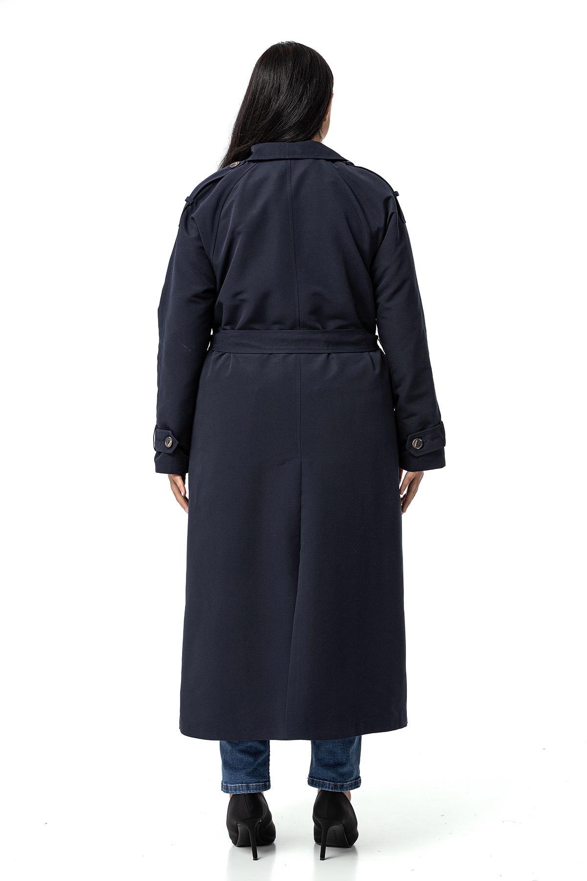 Plus Size Double Breasted Long Navy Blue Trench Coat