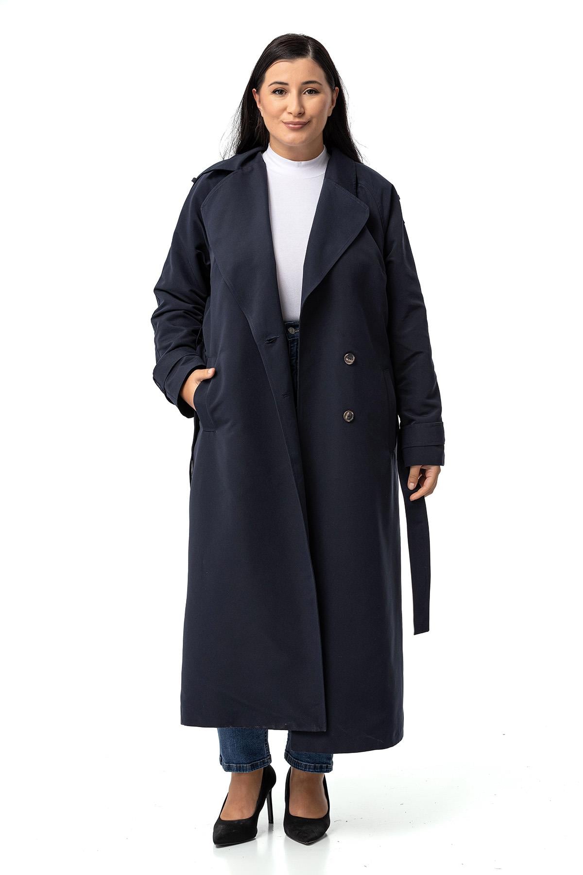 Plus Size Double Breasted Long Navy Blue Trench Coat