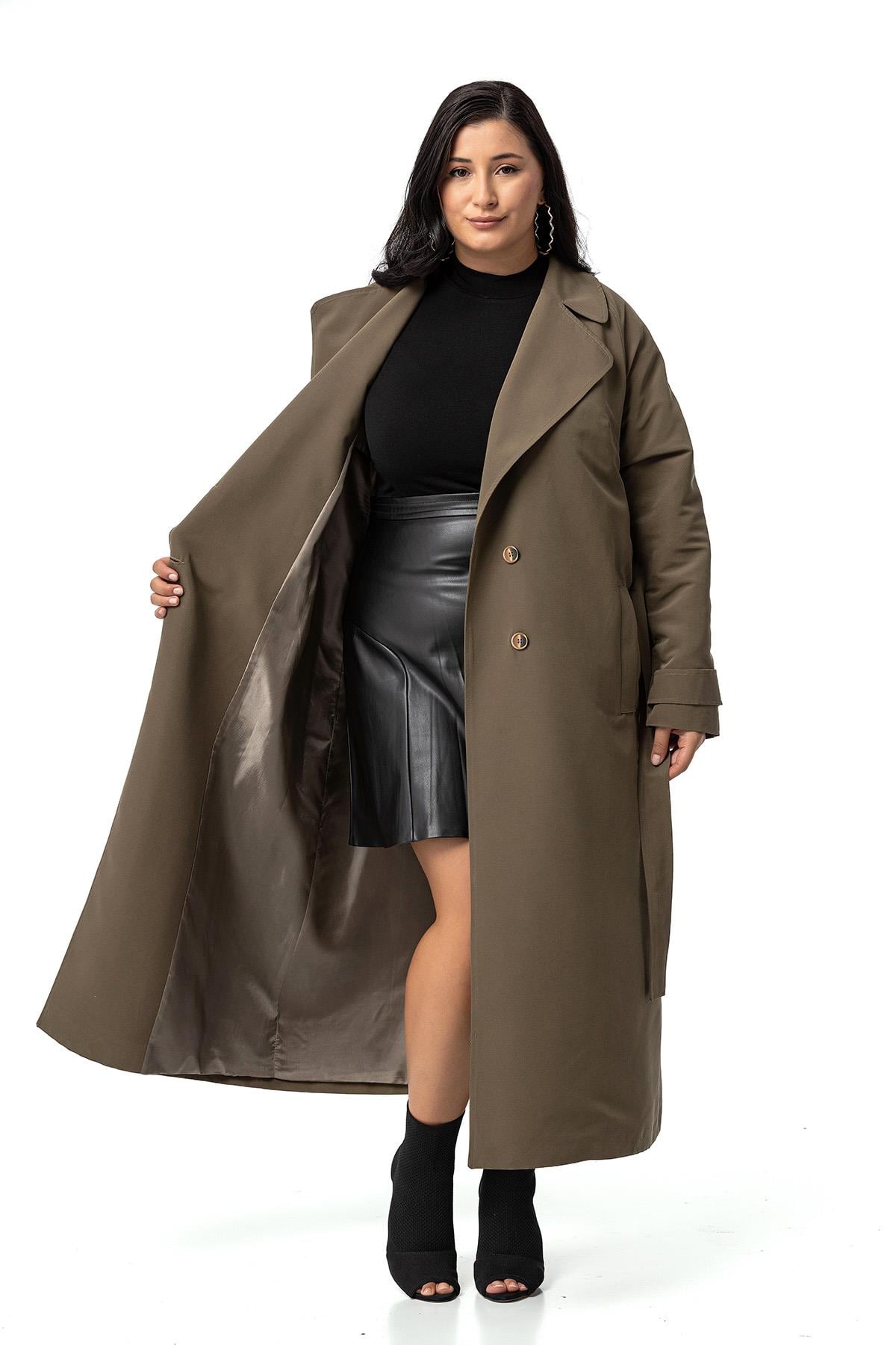 Plus Size Double Breasted Long Khaki Trench Coat