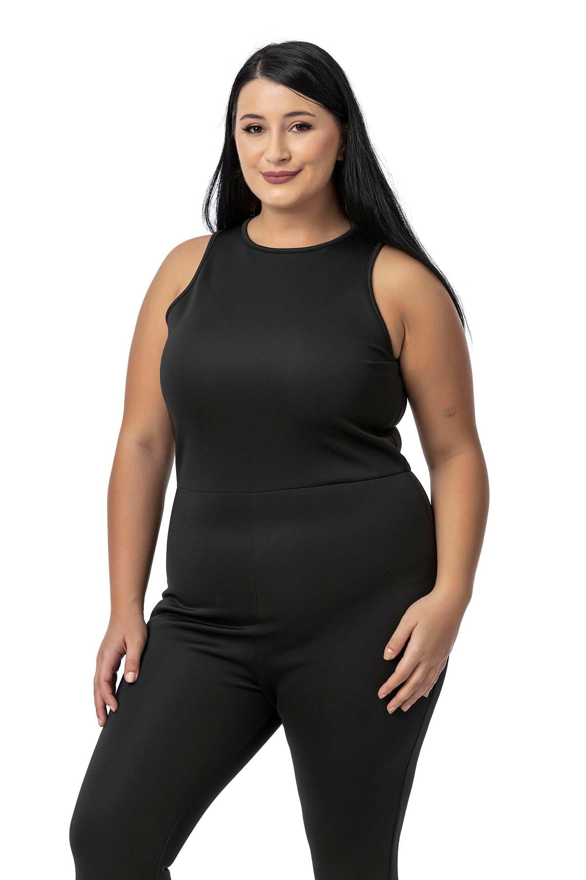 Plus Size Black Long Leggings Jumpsuit with Back Zipper