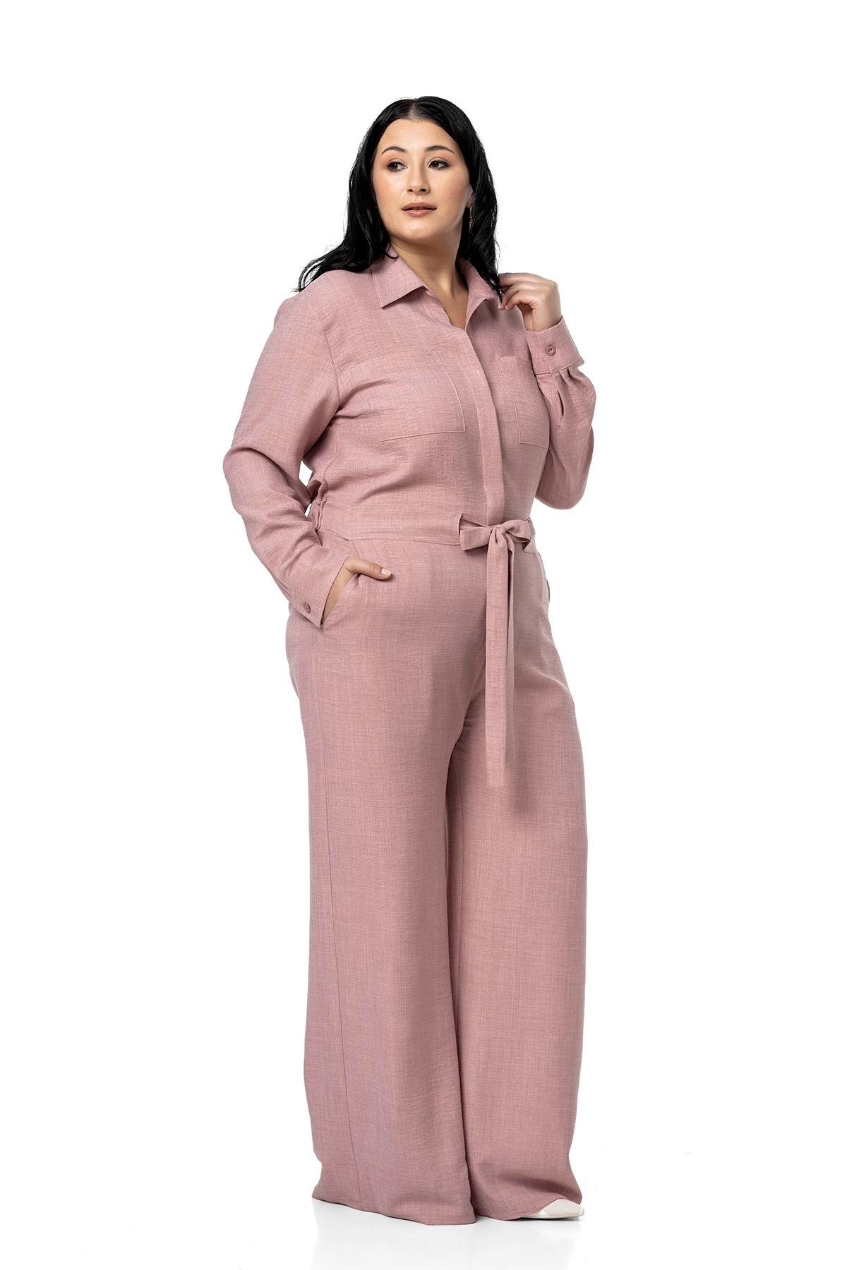 Büyük Beden Beli Tünelli ve Arkadan Lastikli Geniş Paça Pembe Tulum