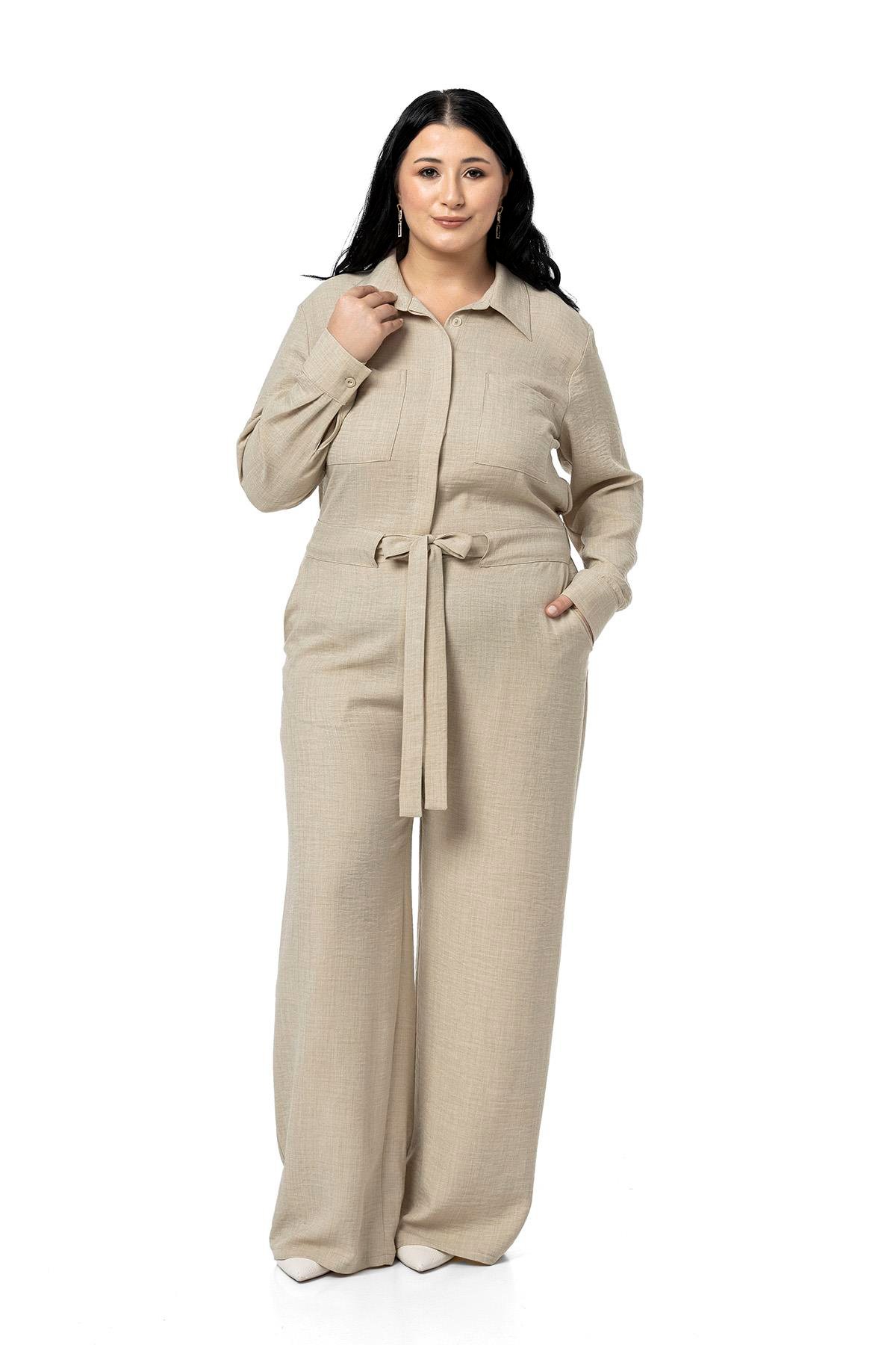 Büyük Beden Beli Tünelli ve Arkadan Lastikli Geniş Paça Bej Rengi Tulum