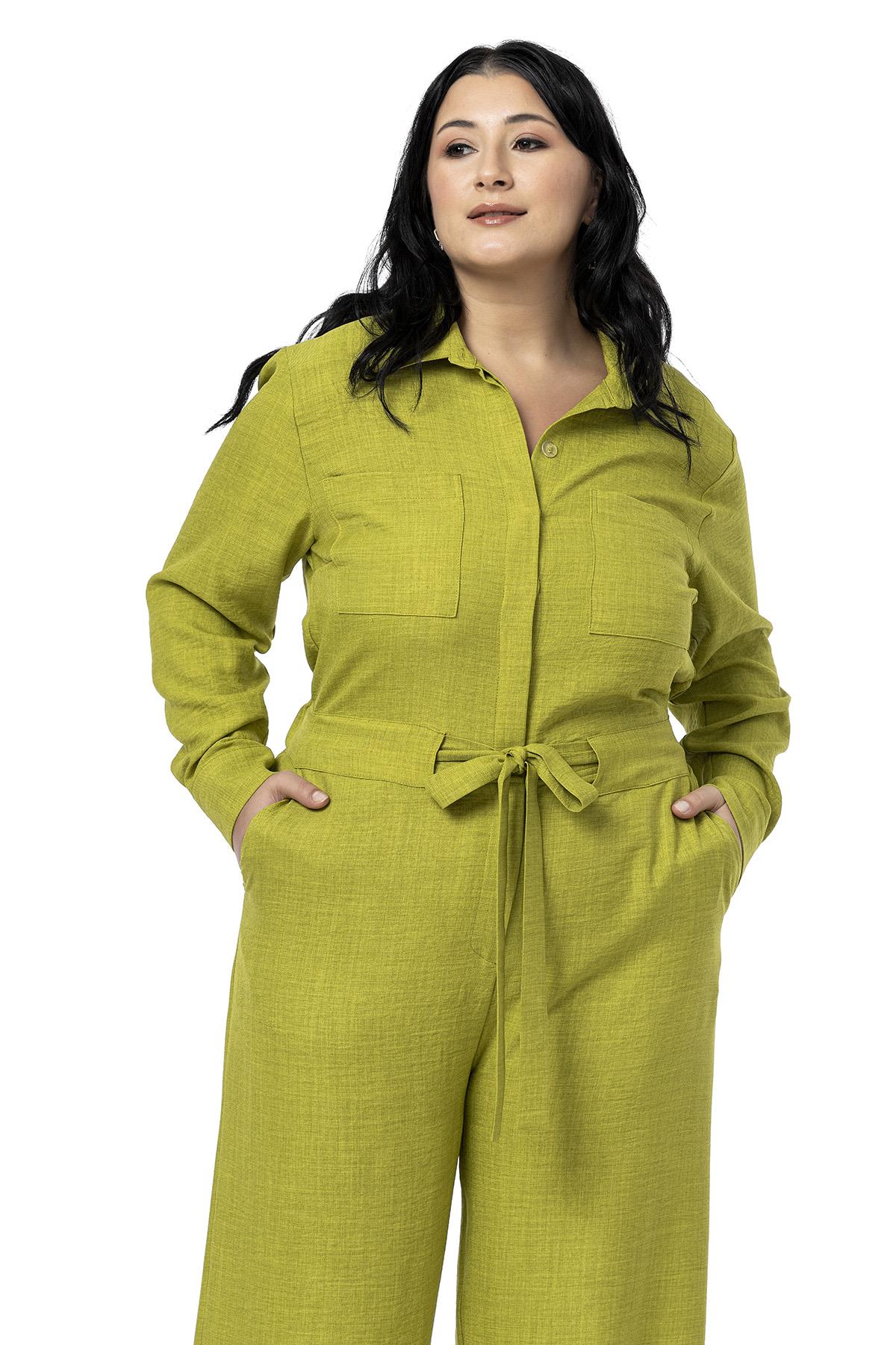 Büyük Beden Beli Tünelli ve Arkadan Lastikli Geniş Paça Fıstık Yeşili Tulum