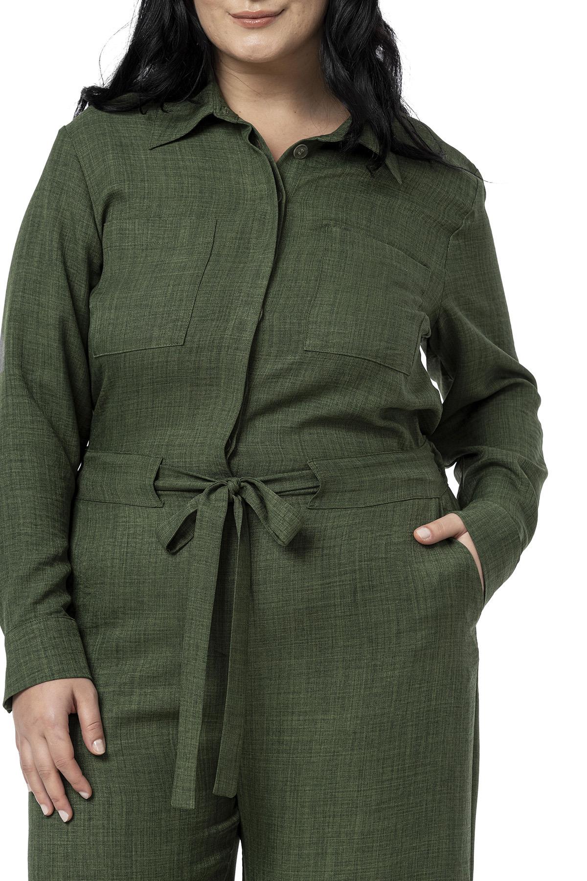 Büyük Beden Beli Tünelli ve Arkadan Lastikli Geniş Paça Haki Tulum