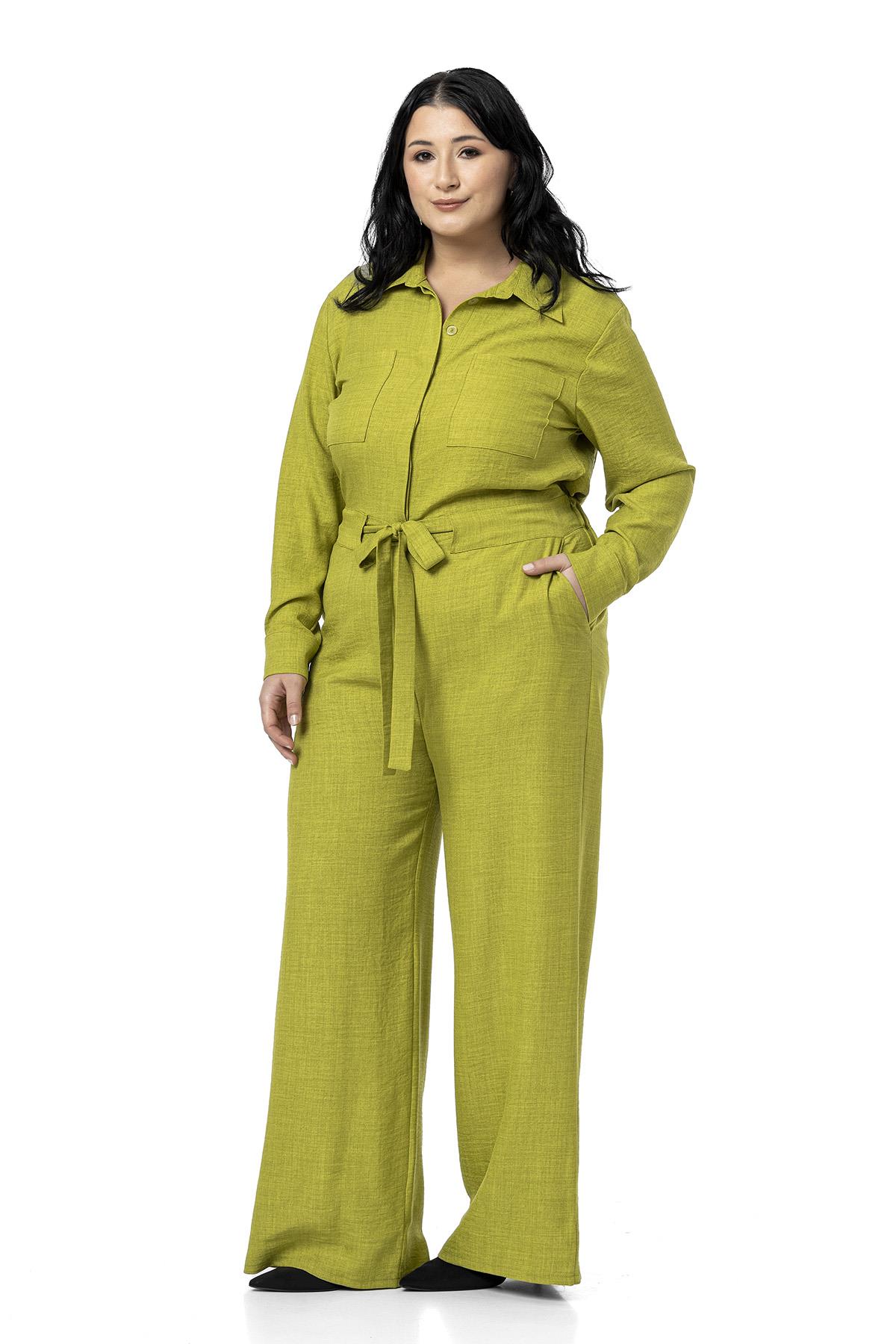 Büyük Beden Beli Tünelli ve Arkadan Lastikli Geniş Paça Fıstık Yeşili Tulum