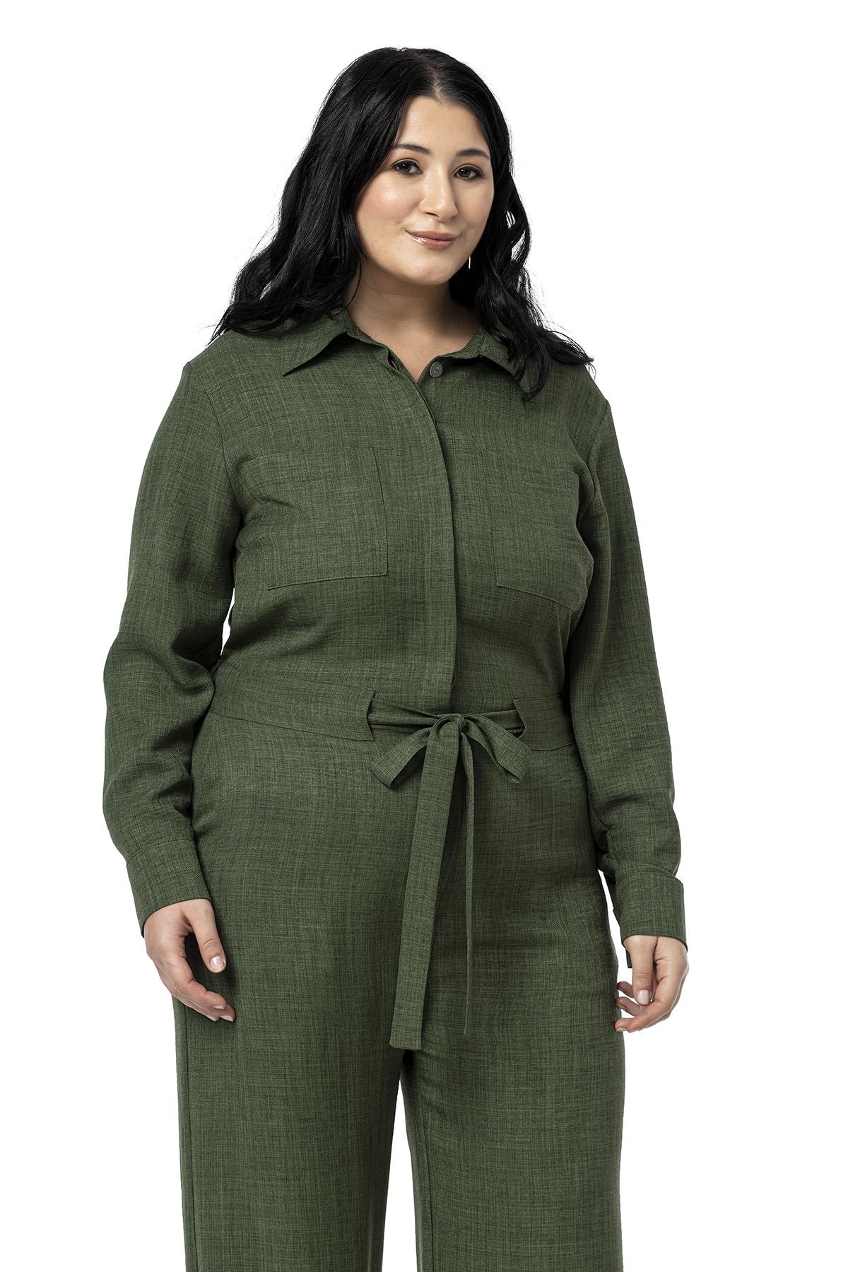 Büyük Beden Beli Tünelli ve Arkadan Lastikli Geniş Paça Haki Tulum