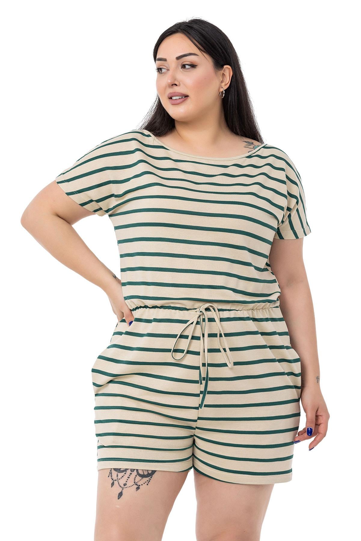 Plus Size Emerald Striped Shorts Jumpsuit