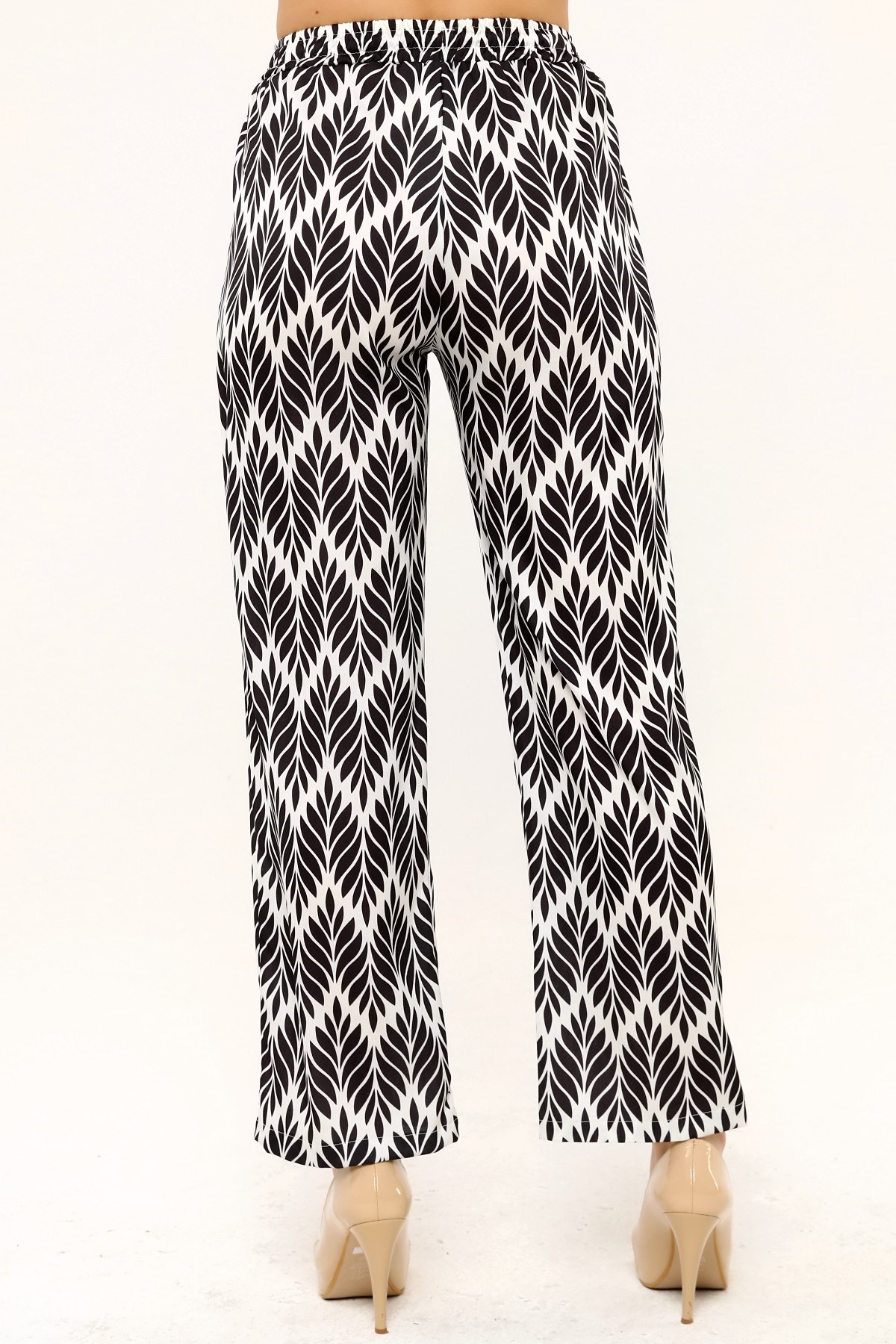 Leaf Patterned Satin Black Trousers with Elastic Waist and Rope Detail and Pipe Leg Prints
