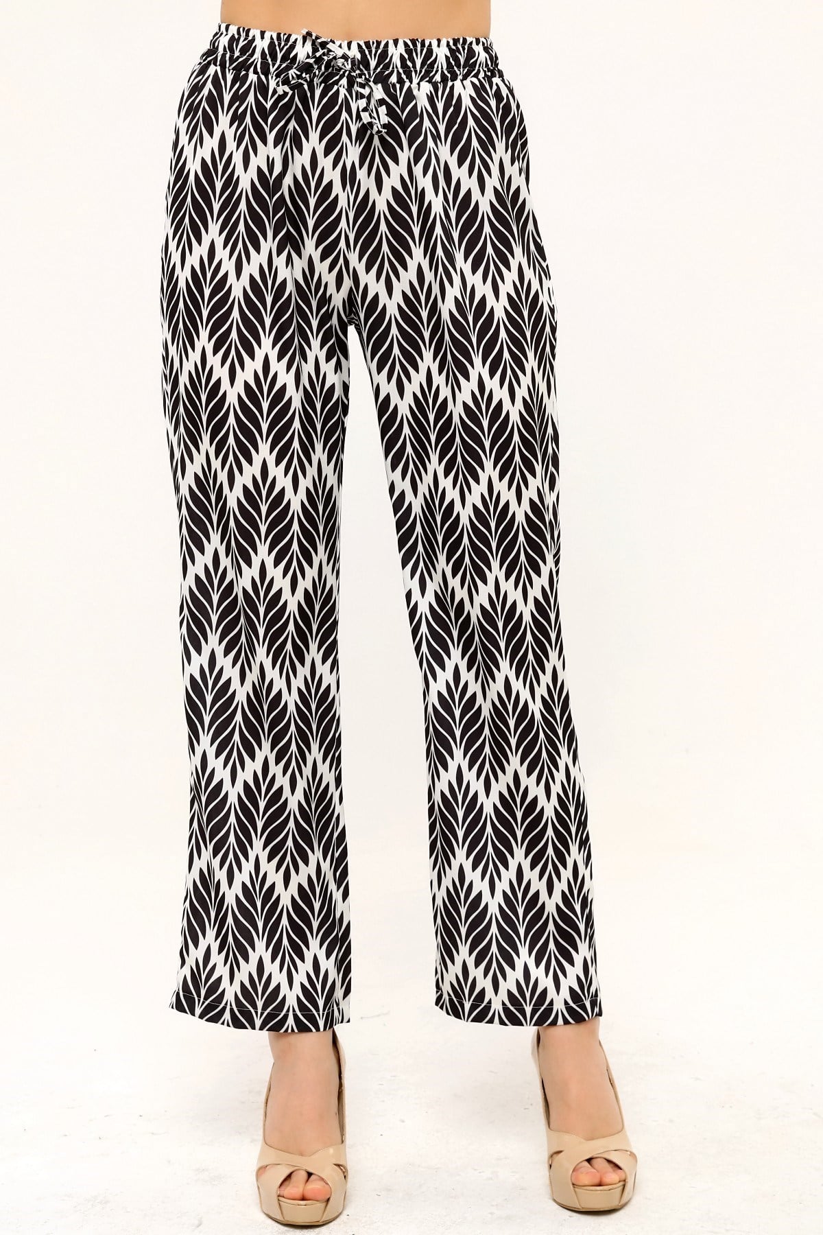 Leaf Patterned Satin Black Trousers with Elastic Waist and Rope Detail and Pipe Leg Prints