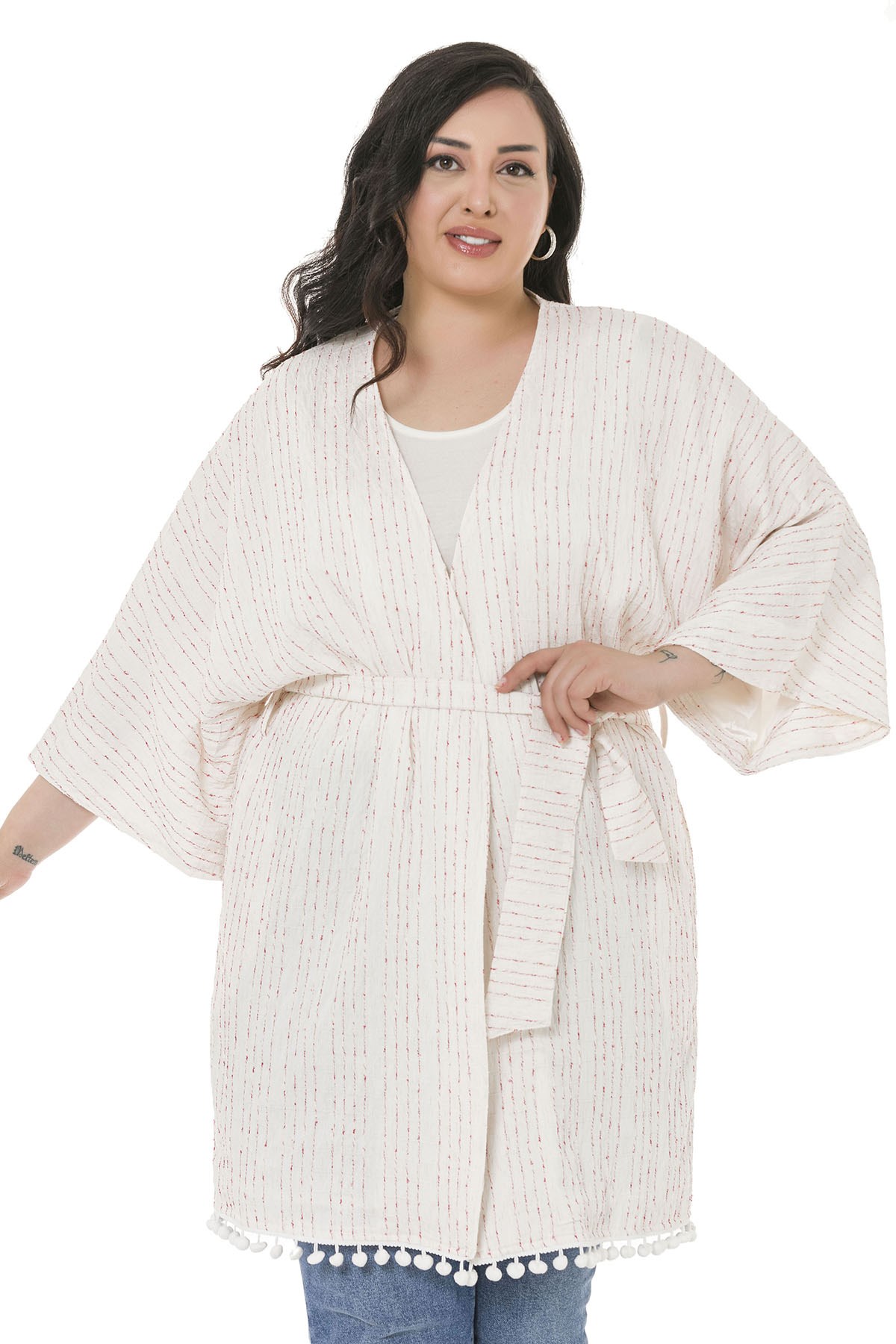 Büyük Beden Yarasa Kollu Eteği Ponponlu Kuşaklı Cepli Astarlı Beyaz Üzerine Kırmızı Çizgili Kimono