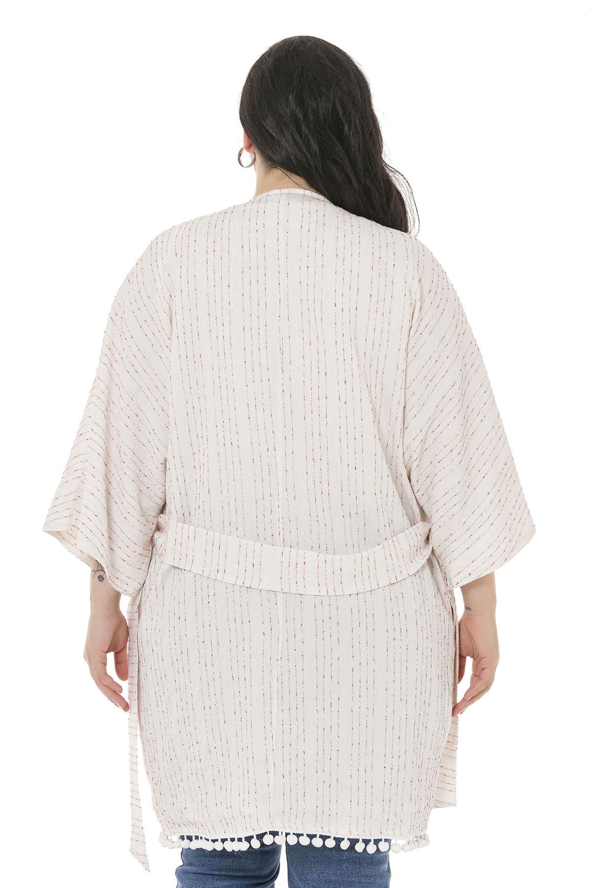 Büyük Beden Yarasa Kollu Eteği Ponponlu Kuşaklı Cepli Astarlı Beyaz Üzerine Kırmızı Çizgili Kimono