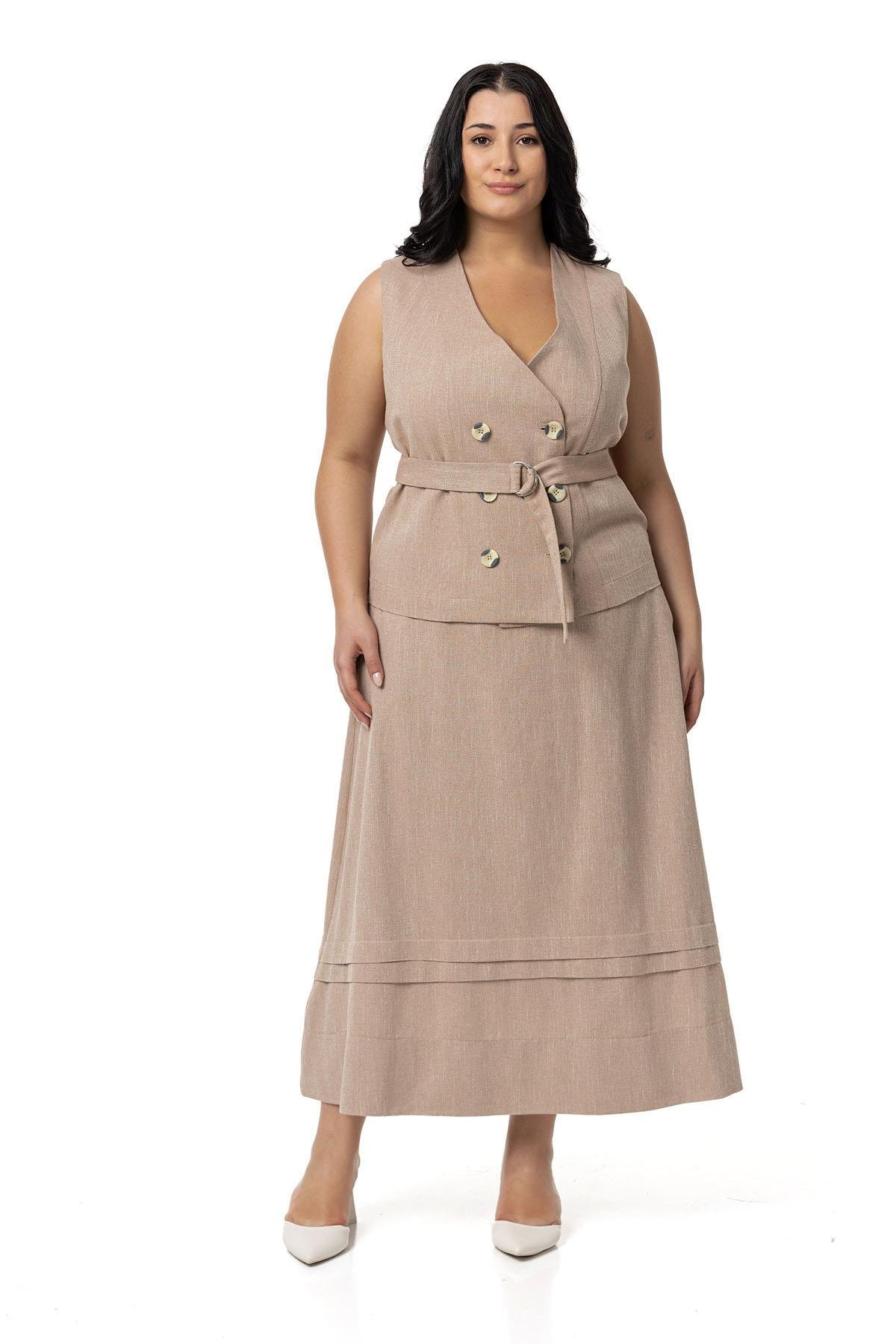 Plus Size Linen Double Breasted Vest Skirt Mink Double Suit