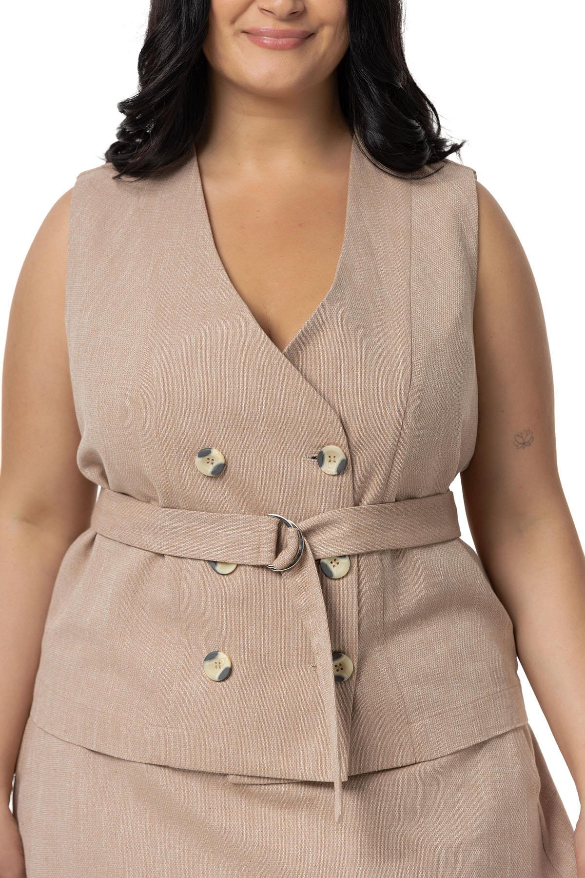 Plus Size Linen Double Breasted Vest Skirt Mink Double Suit