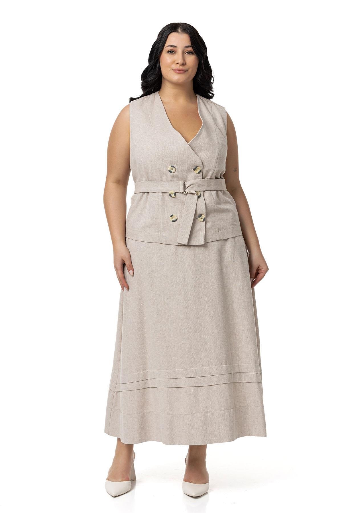 Plus Size Linen Double Breasted Vest Skirt Beige Double Suit