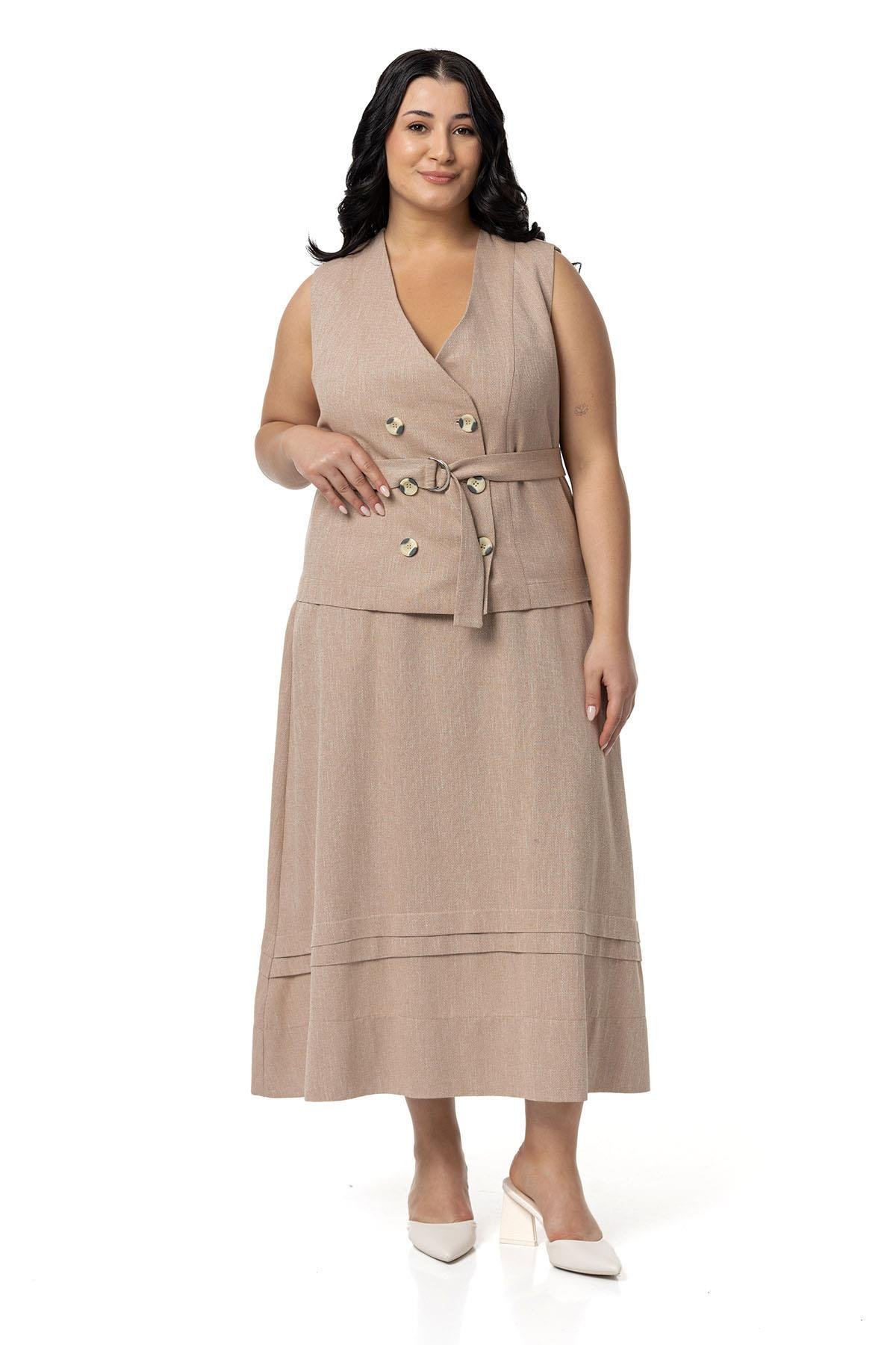 Plus Size Linen Double Breasted Vest Skirt Mink Double Suit