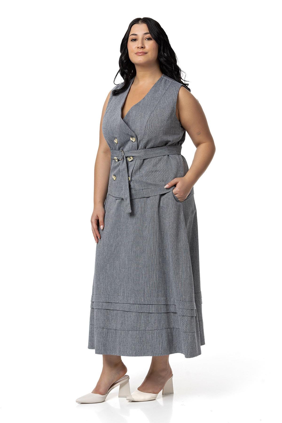 Plus Size Linen Double Breasted Vest Skirt Black Double Suit