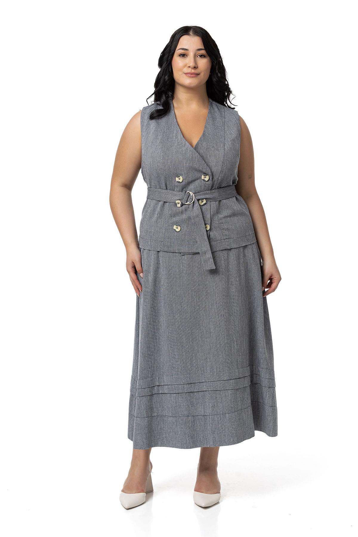 Plus Size Linen Double Breasted Vest Skirt Black Double Suit