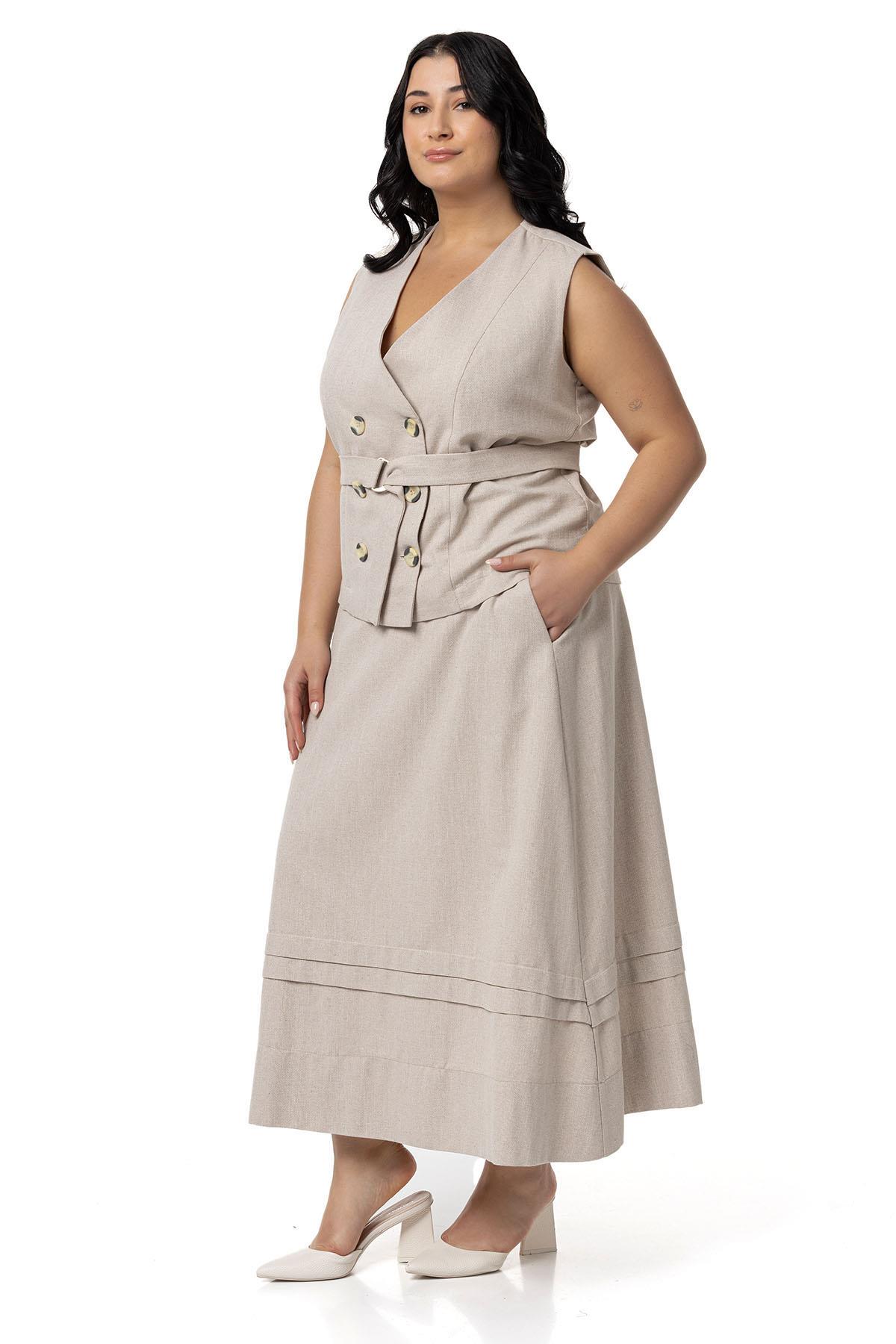 Plus Size Linen Double Breasted Vest Skirt Beige Double Suit