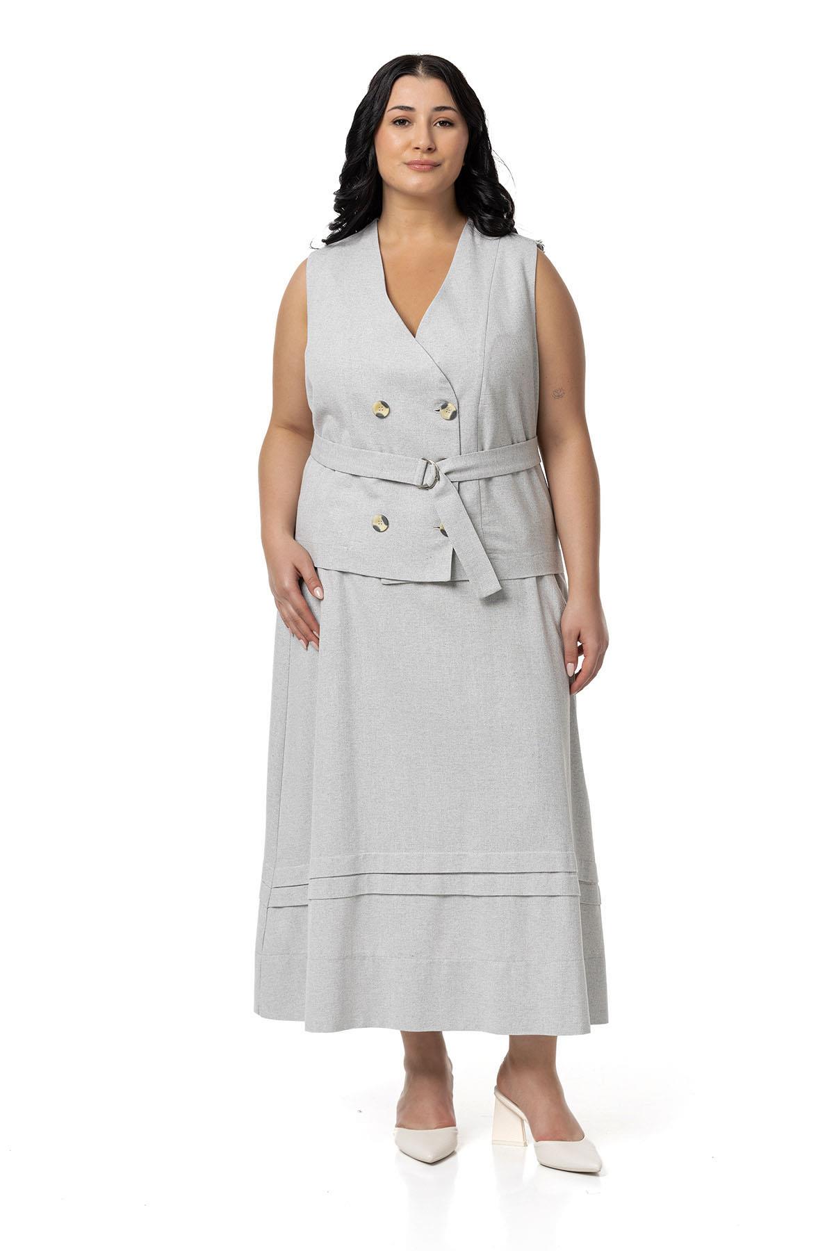 Plus Size Linen Double Breasted Vest Skirt Gray Double Suit