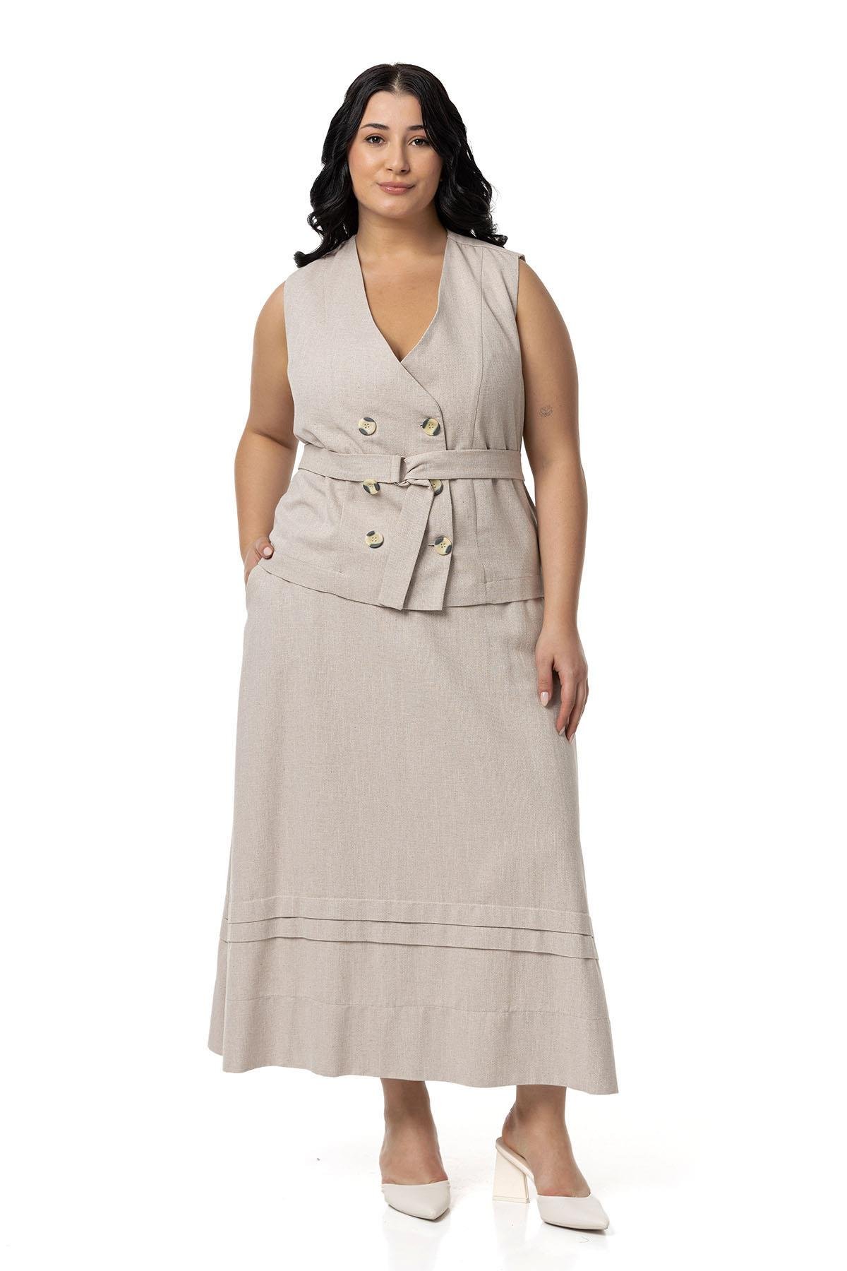 Plus Size Linen Double Breasted Vest Skirt Beige Double Suit