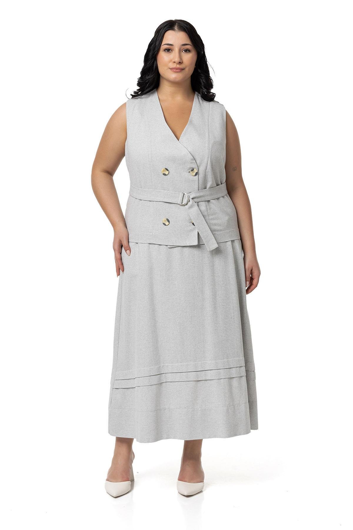 Plus Size Linen Double Breasted Vest Skirt Gray Double Suit