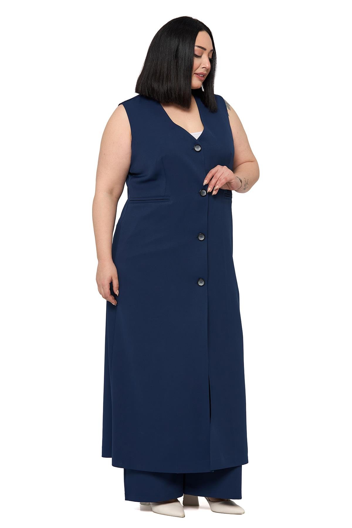 Büyük Beden Maxi Yelek Pantolon Lacivert İkili Takım