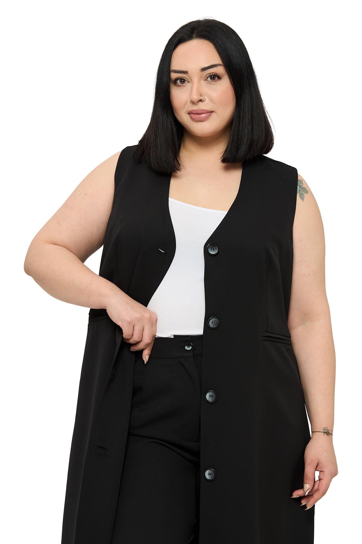 Büyük Beden Maxi Yelek Pantolon Siyah İkili Takım