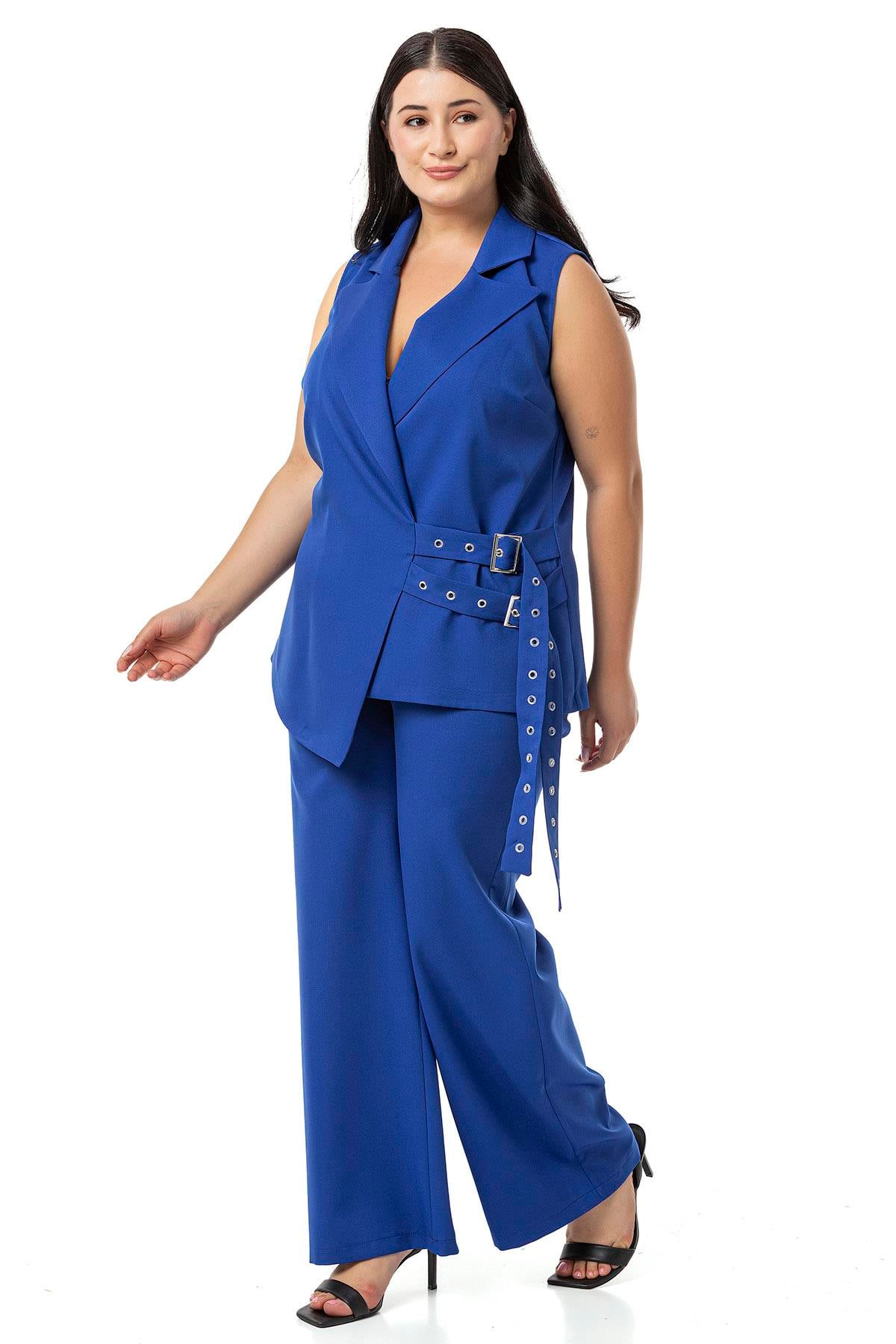 Plus Size Bird Eye Belted Vest Trousers Sax Blue Double Suit