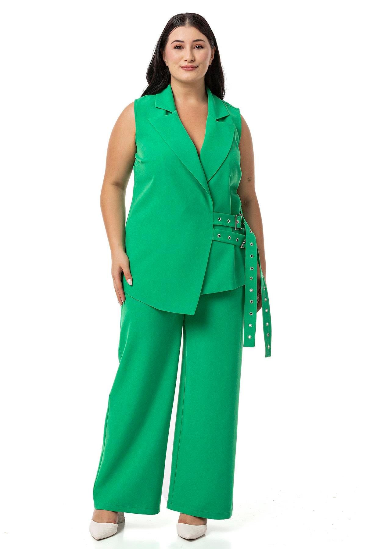 Plus Size Bird Eye Belted Vest Trousers Green Double Suit