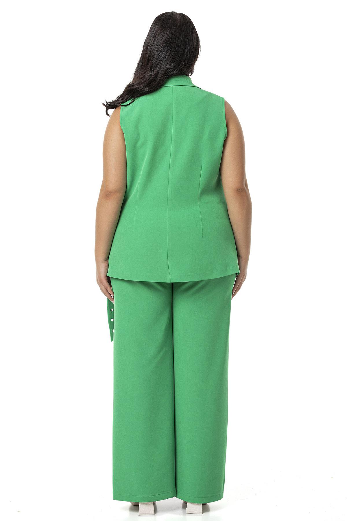 Plus Size Bird Eye Belted Vest Trousers Green Double Suit